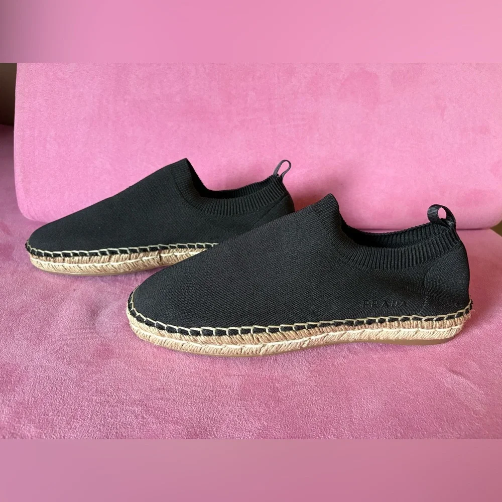 Prada Calzature Donna Black Knit Cotton Espadrille Shoes Slip On Jute Trim 37.5